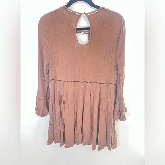Entro Brown Boho Bell Sleeve Mini Dress or Tunic Shirt Size L Large - Picture 2 of 11